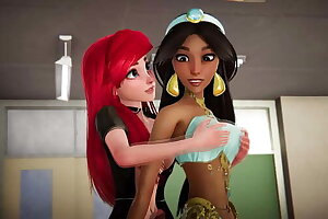 Jasmine gets creampied by Ariel wearing black tights - The Little Mermaid Porn